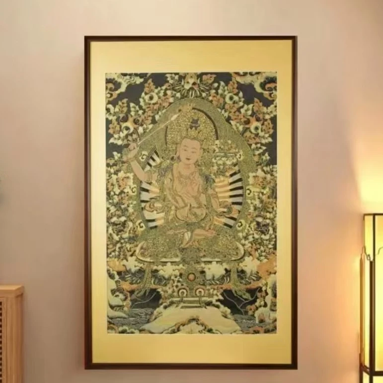 【文殊菩萨】西藏唐卡刺绣竖款立体手工装饰挂画适合中式客厅挂墙