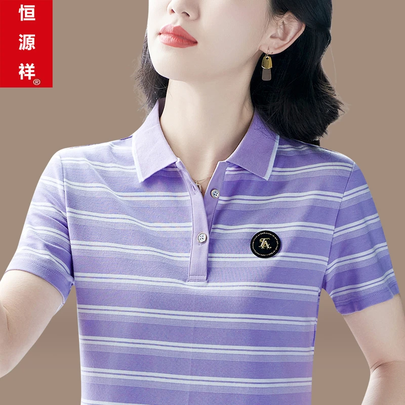 恒源祥条纹短袖t恤女夏2024新款宽松百搭上衣中年妈妈运动Polo衫