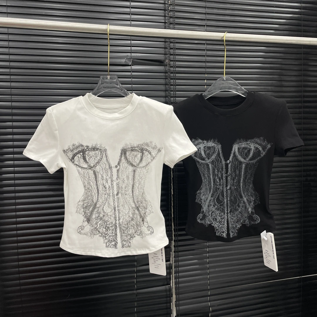 付新博女装蕾丝印花短袖T恤女小众设计感显瘦百搭时尚短上衣13987