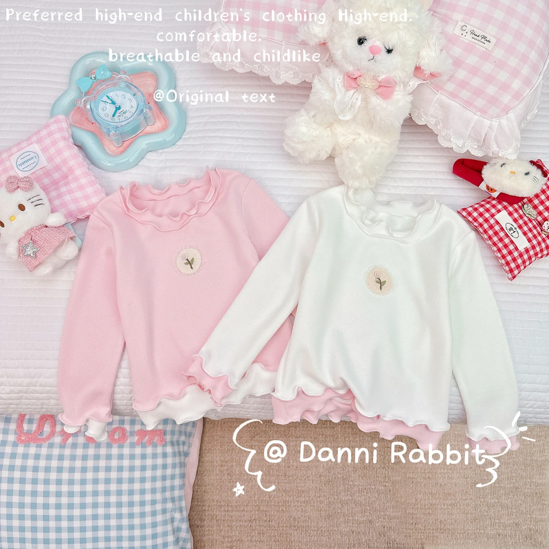 「Dannirabbit」【时尚木耳】秋款&纯色木耳边拼色女童打底衫【G-5057】