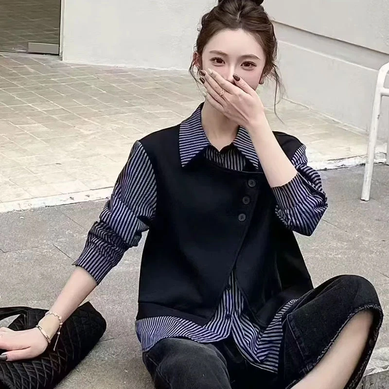 时尚宽松显瘦百搭长袖条纹衬衫女士2025年秋季新款假两件洋气衬衣