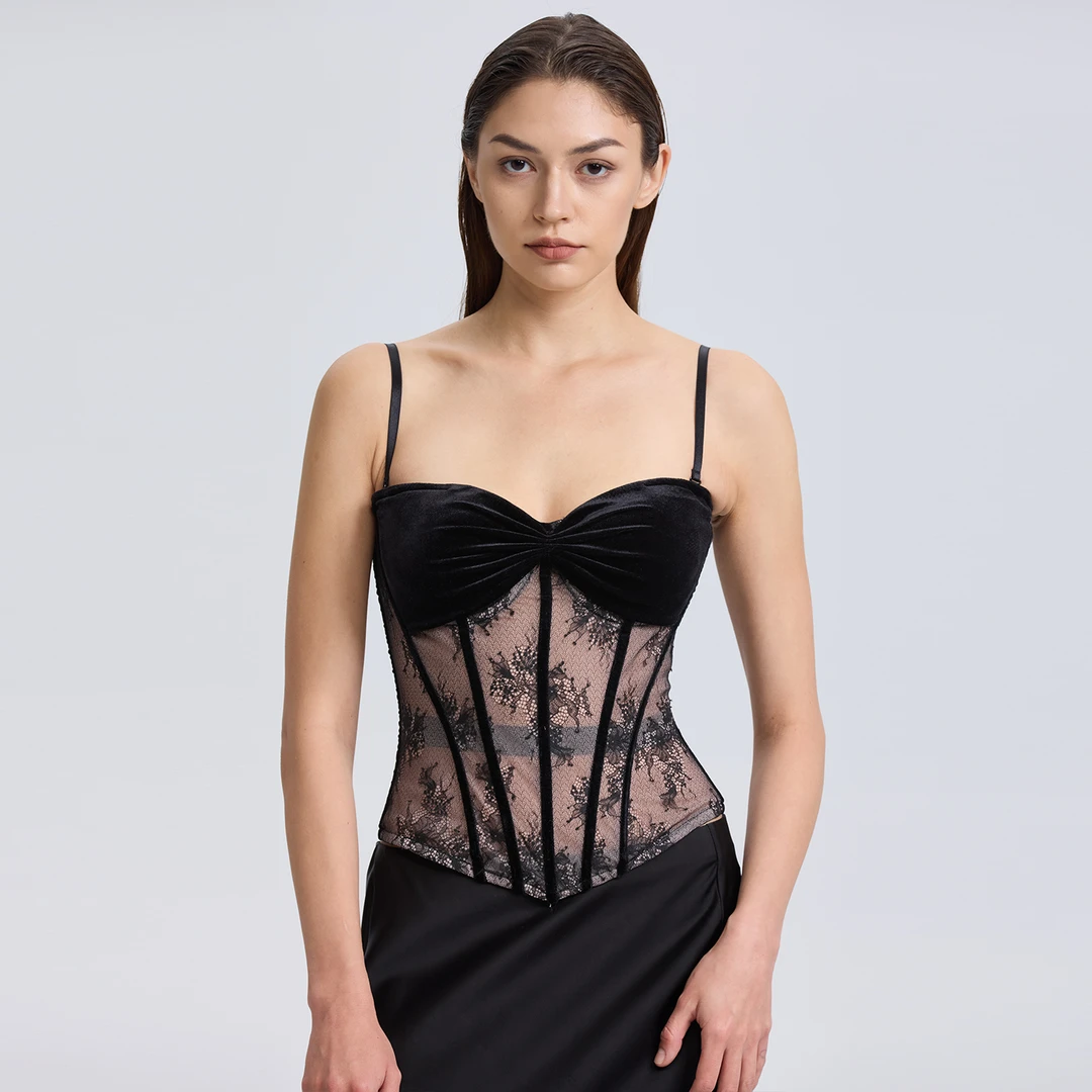 CORSELET春夏礼服系列黑丝绒蕾丝细节带美背收腰塑形显瘦鱼骨胸衣
