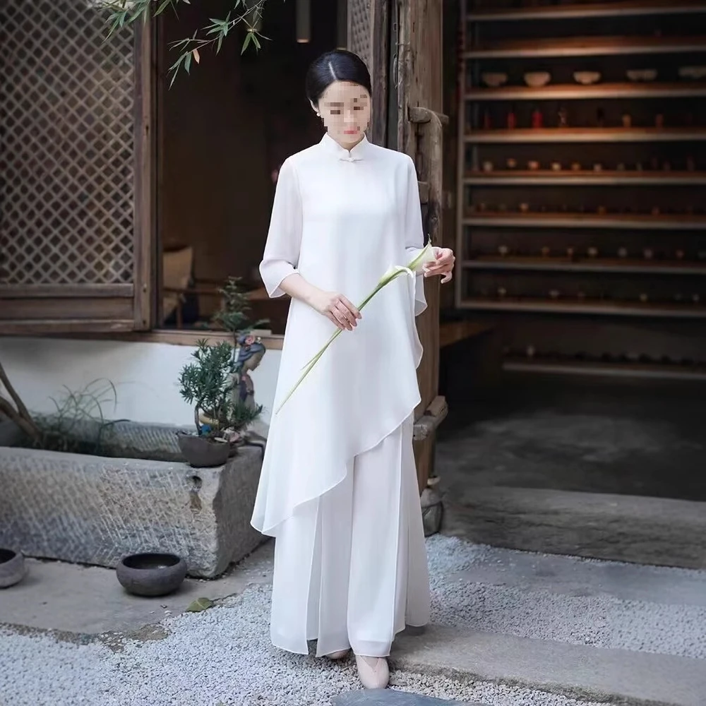 飘逸禅意茶服仙气佛系女装中式中国风白色居士打坐套装