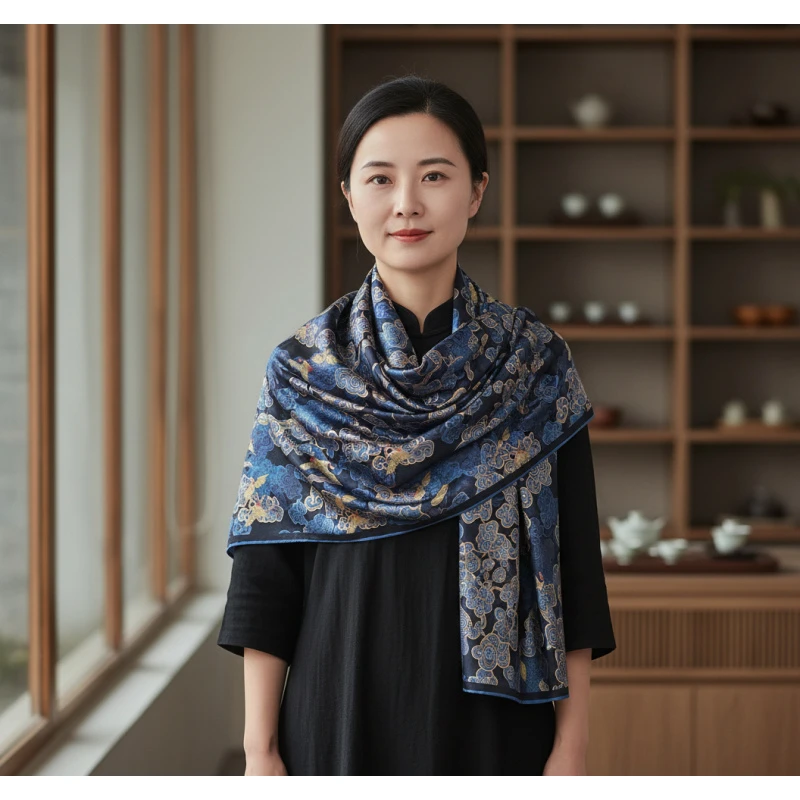 X3-406 【祥云仙鹤】140*140左右 优雅气质中国风 方巾围巾