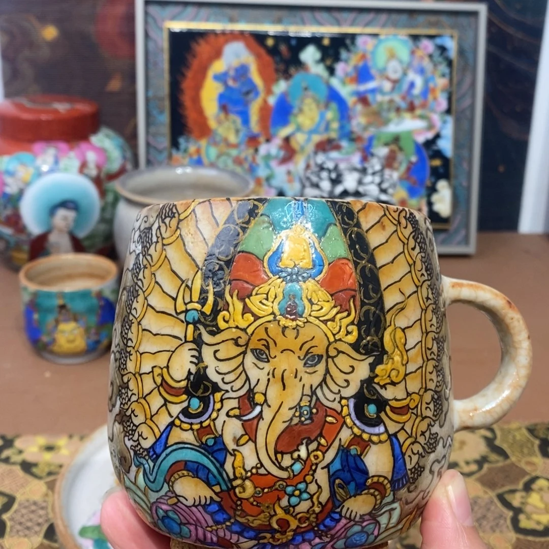 手工手绘象财神马克杯