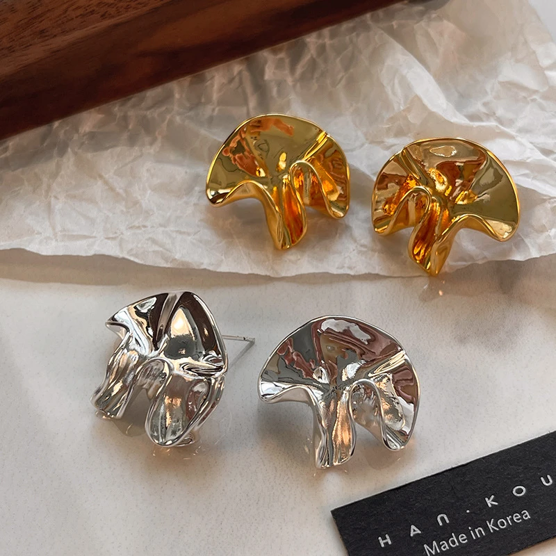 黄铜耳饰 真电镀属感冷淡风褶皱耳环女S925纯银针时尚百搭气质简