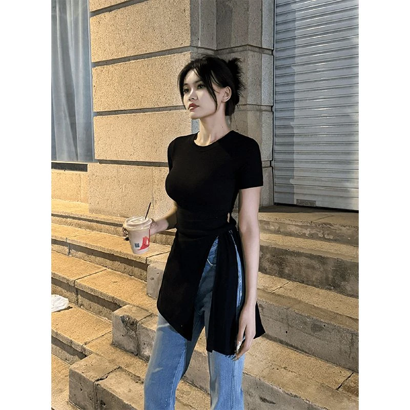 大码女装200斤微胖女生显瘦上衣短袖T恤女夏中长款不规则绑带体恤