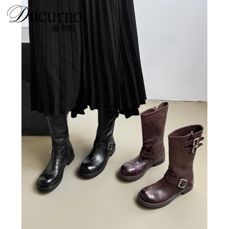 度卡奴真皮厚底骑士靴女2025新款秋冬季皮带扣西部靴显瘦中筒靴子