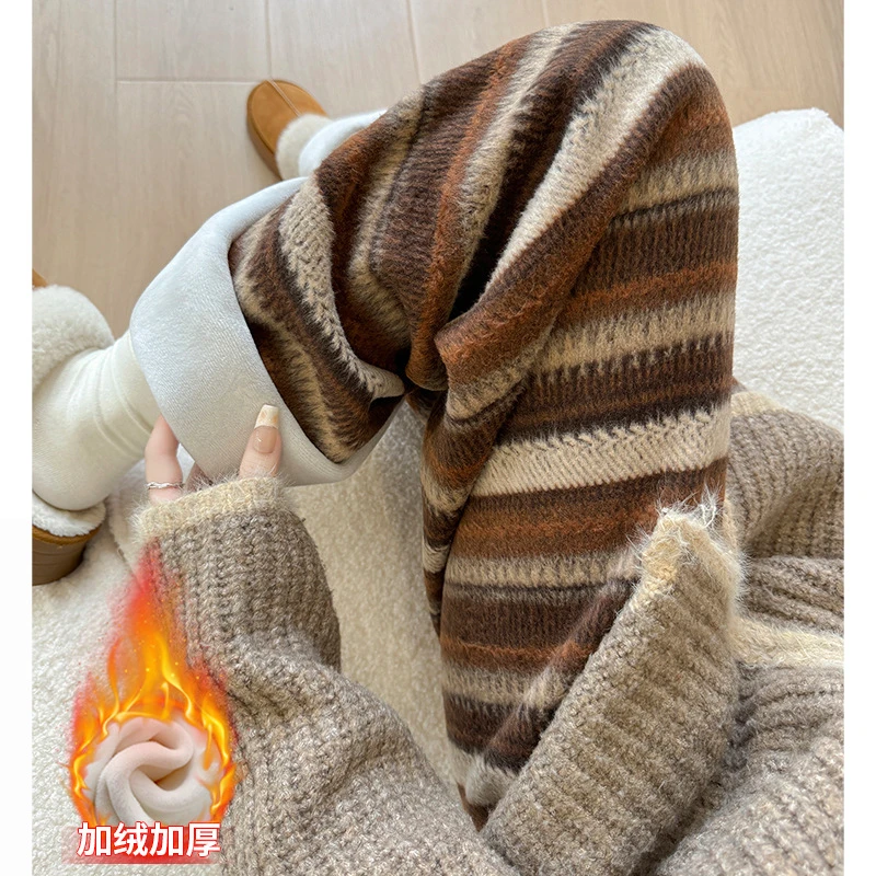 复古毛呢条纹裤女秋冬新款加绒裤子高腰垂感直筒裤慵懒休闲阔腿裤