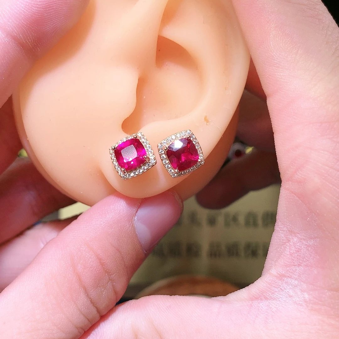 红宝石耳饰银S925镶嵌
