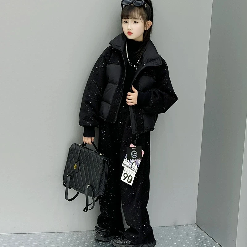 新版女童2025中大童百搭时髦星空时尚韩版冬季宽松棉衣套装