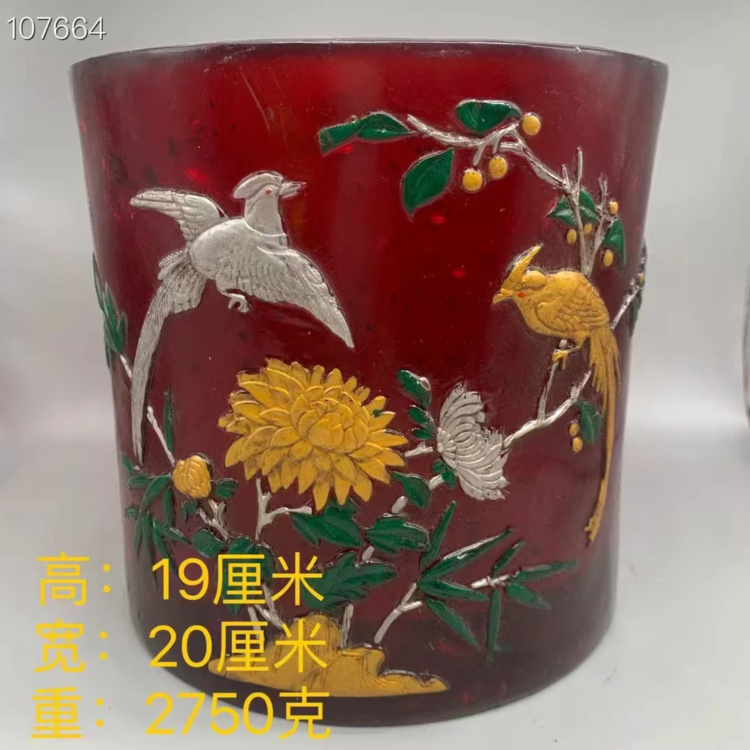 描金刻字彩绘笔筒摆件