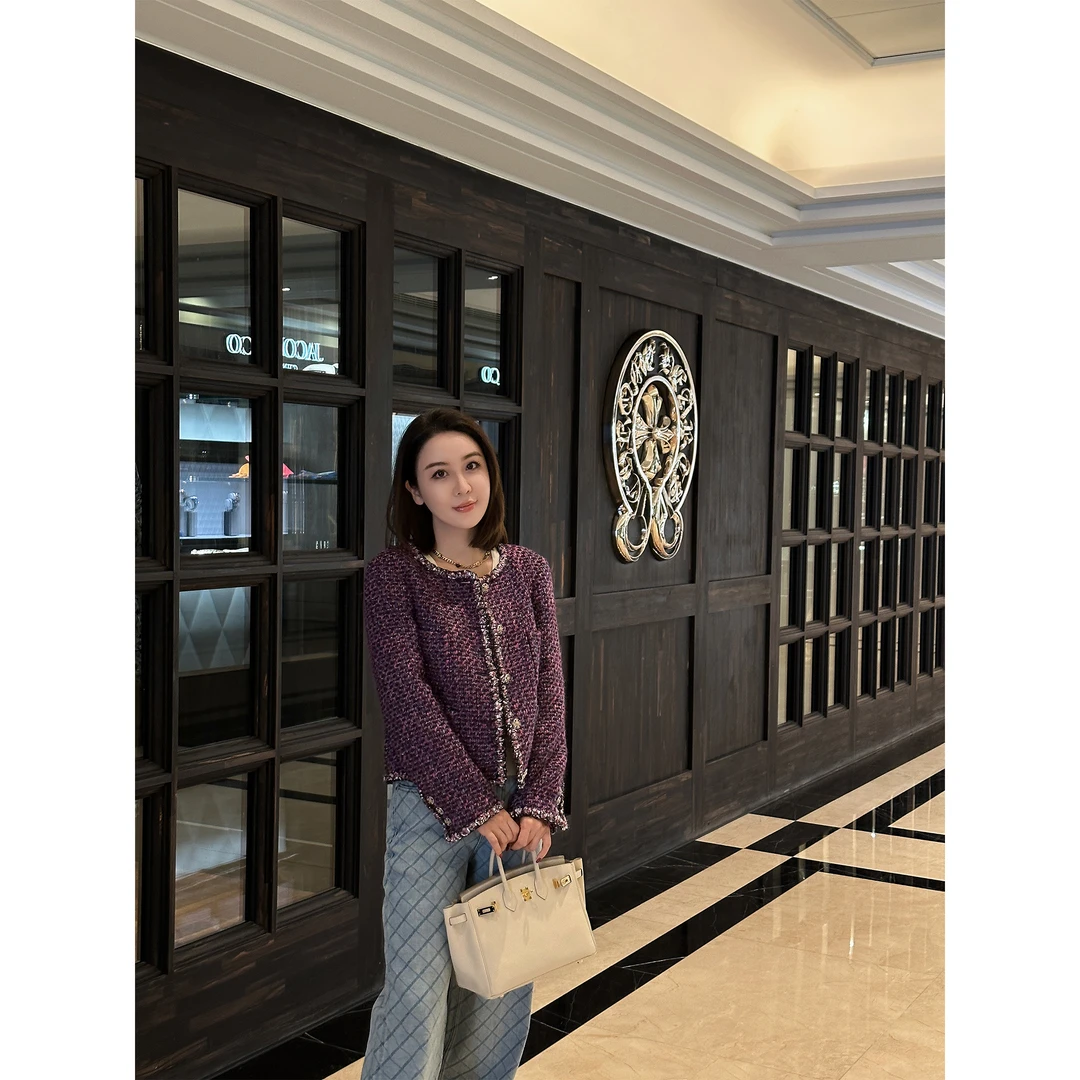 JESSICA WU紫粉星钻滚边三色交织肌理粗花呢小香风外套2549H07005