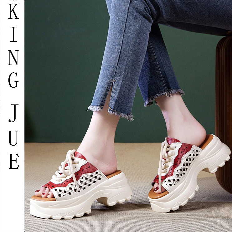 【王爵】厚底拖鞋女夏季新款透气镂空拼色一字拖真皮露趾凉拖