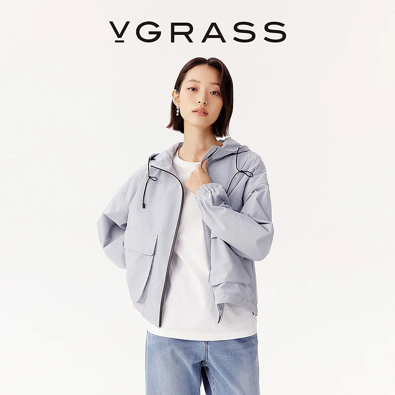 VGRASS25早秋新款休闲时髦连帽工装大口袋轻盈密织云感外套短款女
