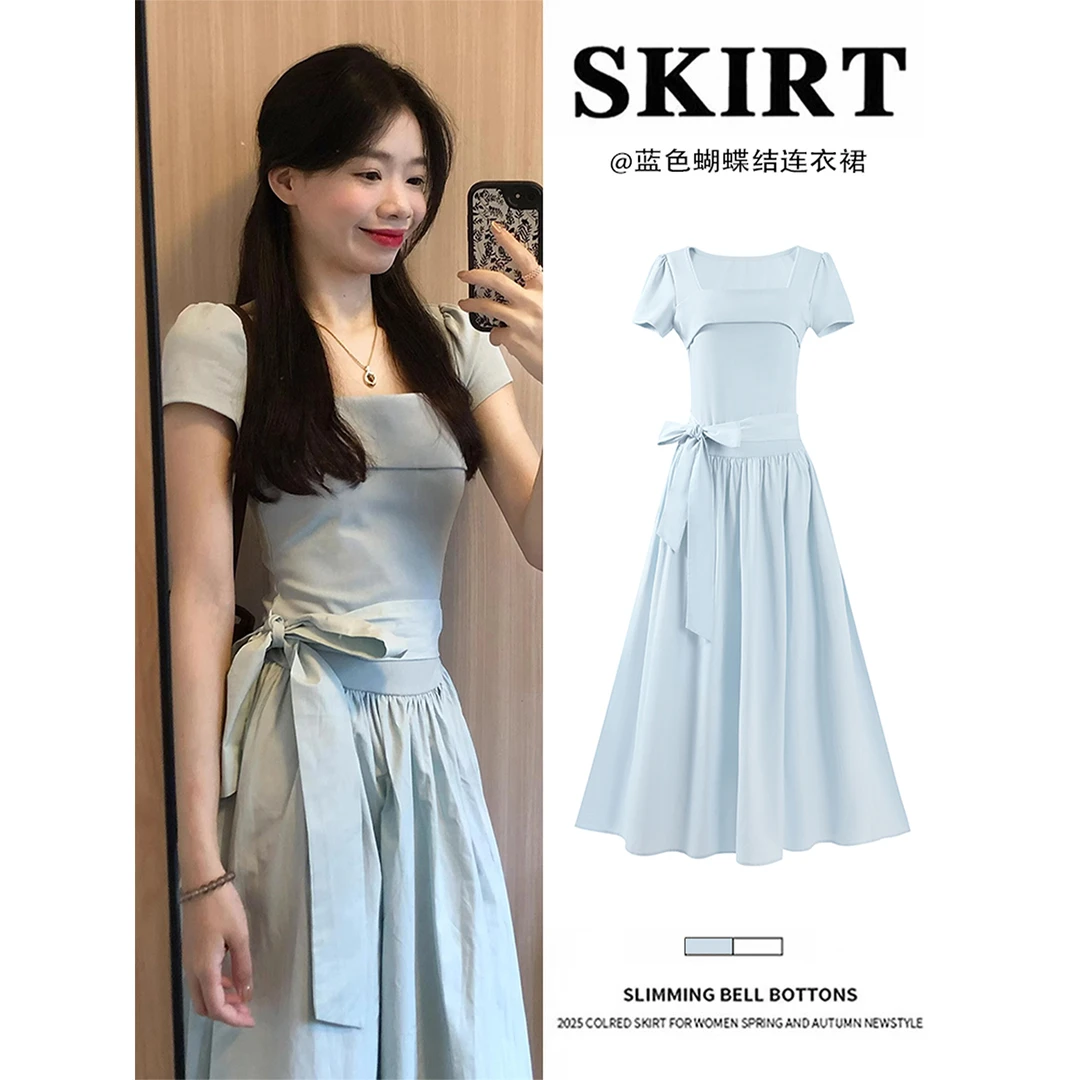 蓝色连衣裙女法式方领长裙子收腰夏季2025巨好看新款今年流行爆款