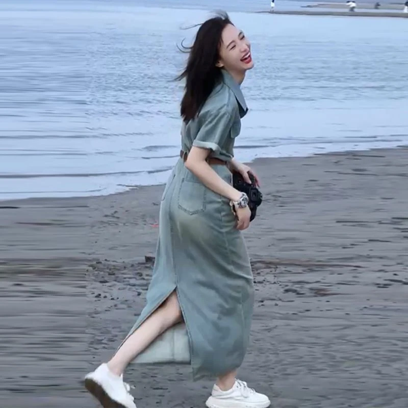 西蒙莱纳复古港风做旧牛仔洋装女装夏季新款高端气质时尚中长版裙