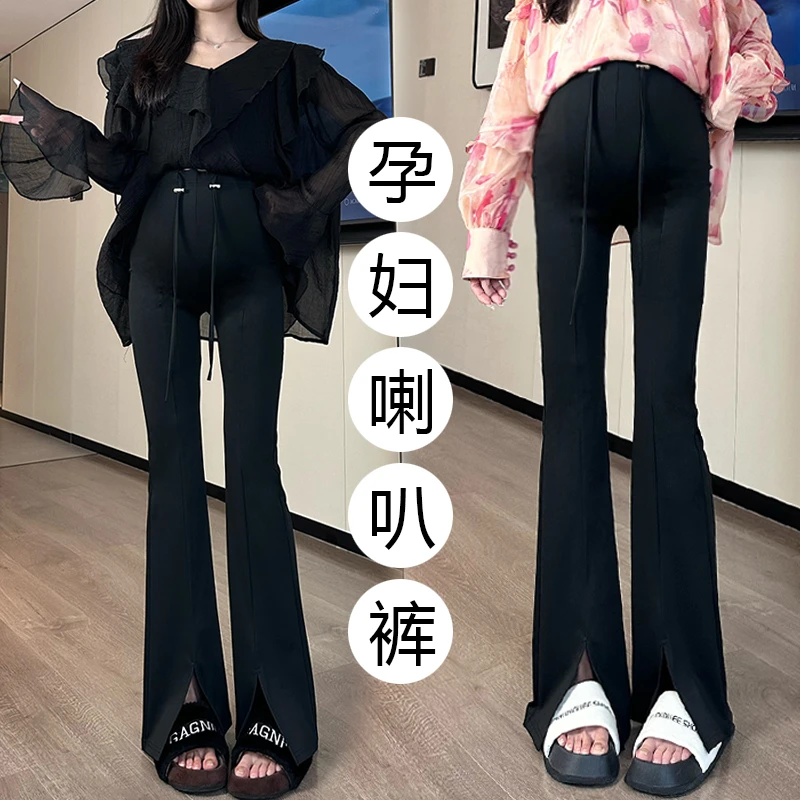 夏季抽绳孕妇微喇叭裤2025新款薄款开叉外穿瑜伽裤长裤产后可穿