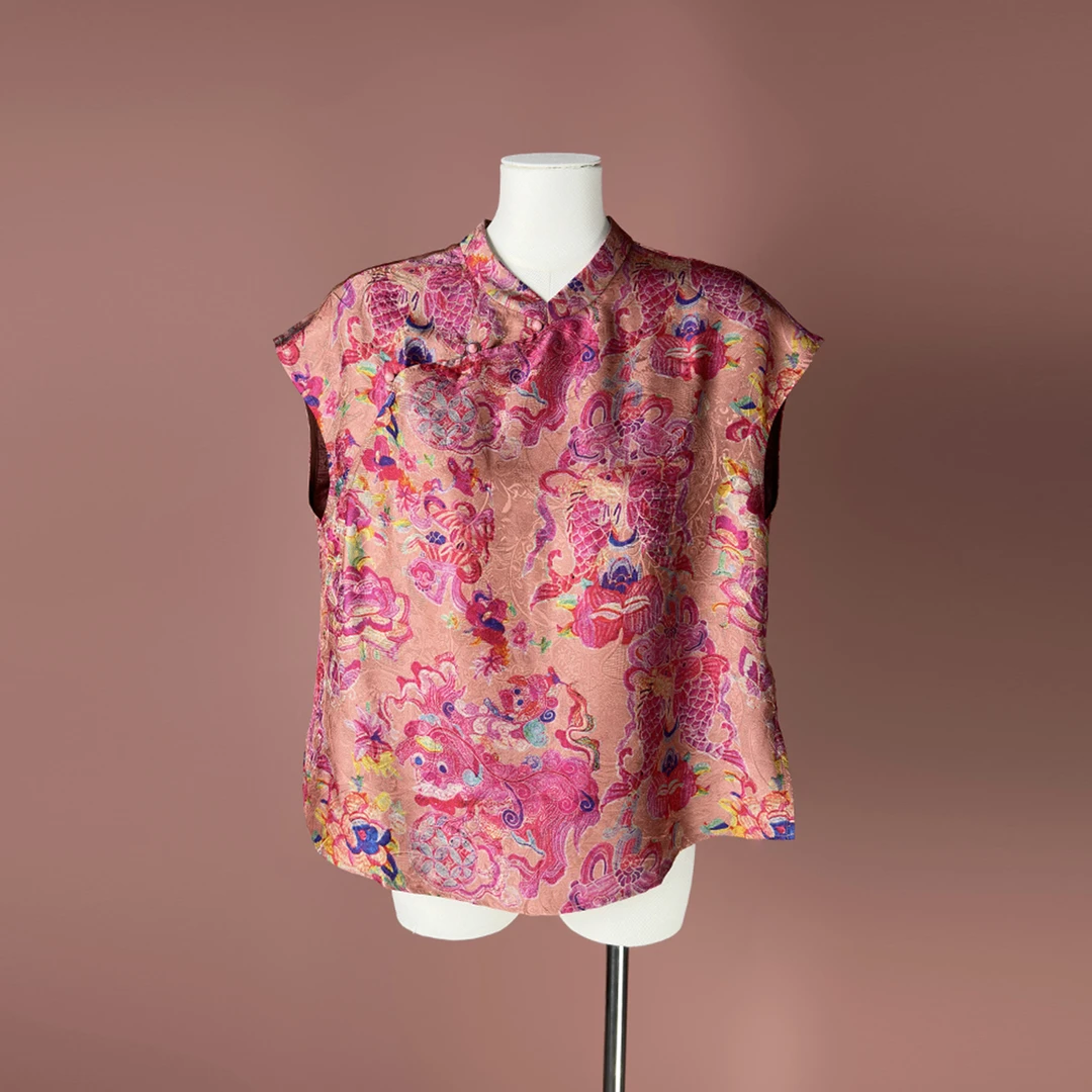 莨悦（好运锦鲤）新中式国风夏季红云纱桑蚕丝花萝立领小衫上衣女