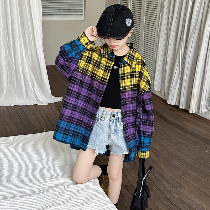 女童格子衬衫春秋2025新款洋气儿童秋季衬衣外套长袖大童秋装上衣