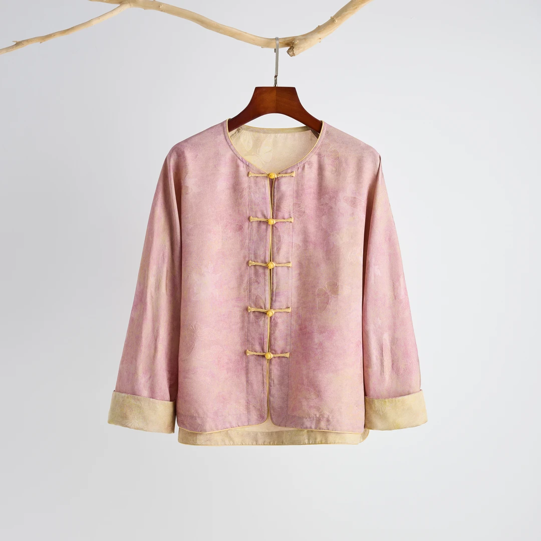 落肩民族风立领短外套春季提花宽松圆领复古