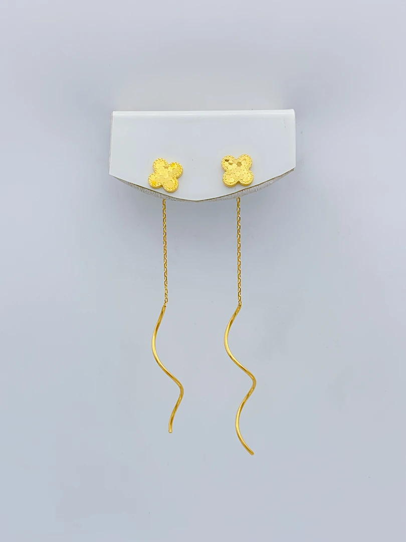 老庙黄金2 足金 精工5G工艺 龙鳞四叶草波浪耳线 2.15克