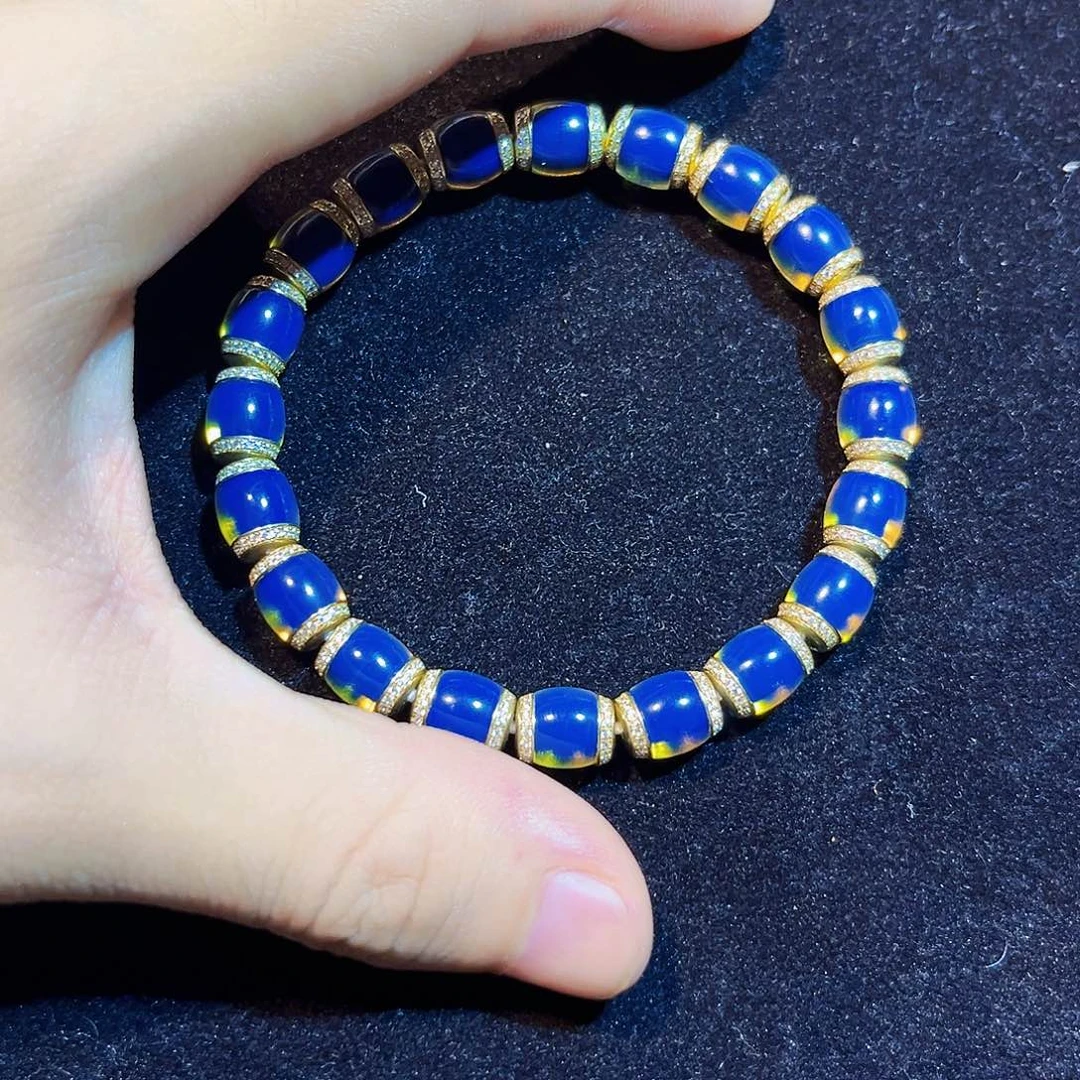 蓝珀银S925镀金镶嵌珠宝奇石8mm多米