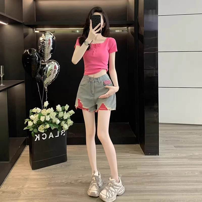 夏日多巴胺套装女装新款纯欲辣妹短袖T恤破洞牛仔短裤热裤两件套