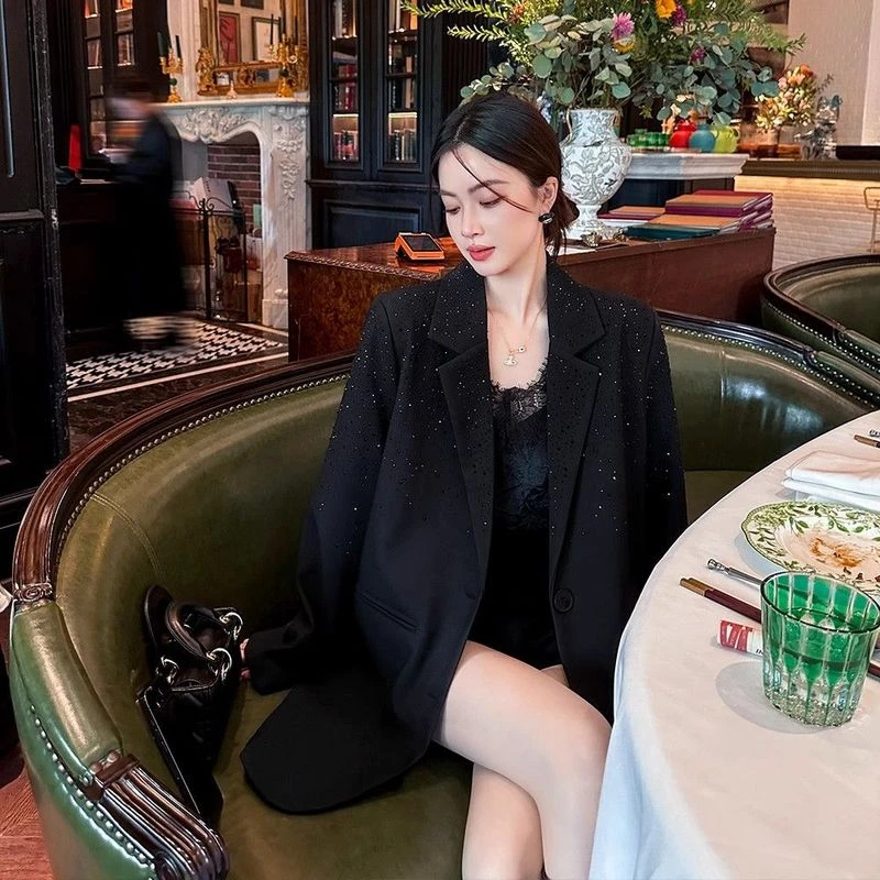 黑色小众设计感烫钻西装外套女春季新款高级轻奢西服宽松春秋春秋