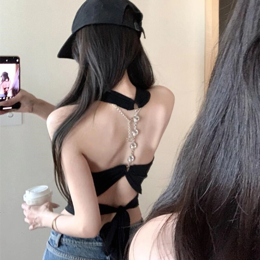 美背狙击挂脖绑带背心女外穿设计感露背修身无袖纯欲鱼骨辣妹上衣