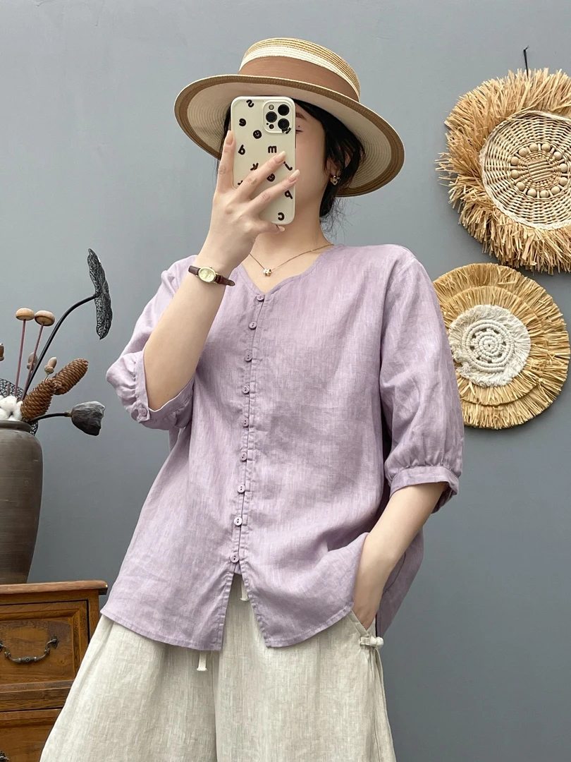【 亚麻系】夏季新款100亚麻纯色短袖衬衫V领上衣小众女装洋气百搭