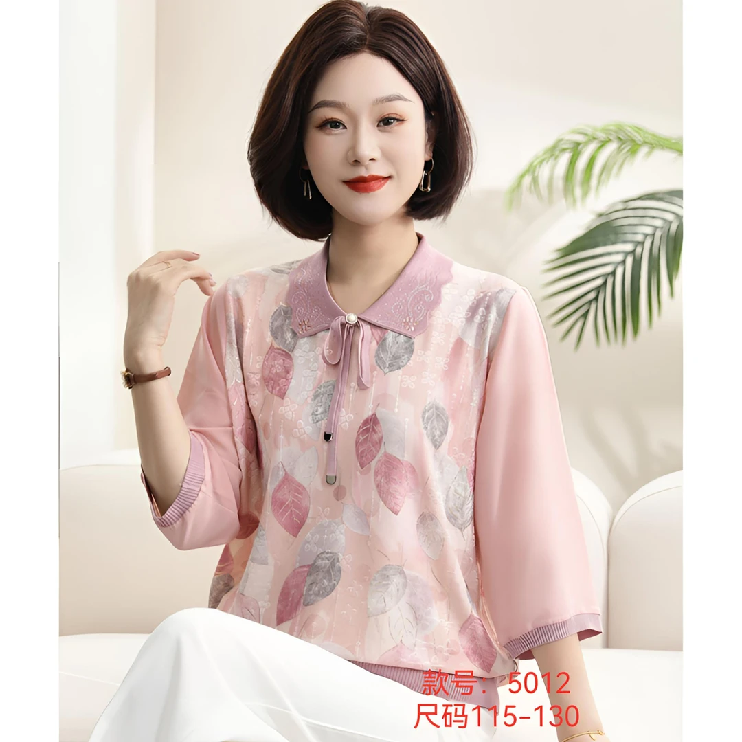 洋气中老年人夏季套头冰丝翻领T恤薄休闲妈妈春秋七分袖外穿上衣