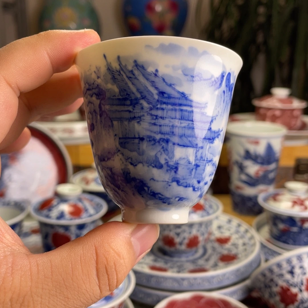 青花山水亭台楼阁闻香杯