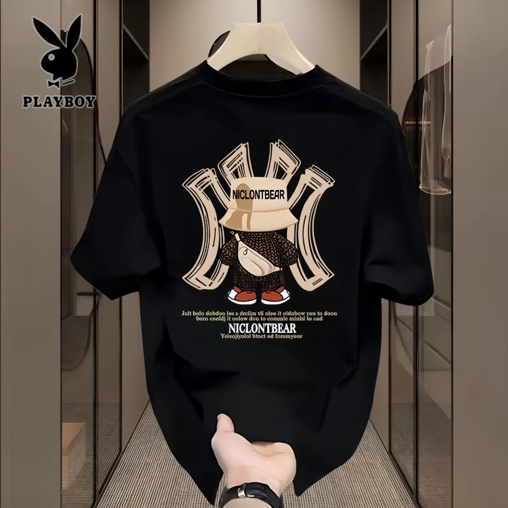 花花公子2025夏季新款纯棉短袖T恤男士宽松潮流痞帅高档半袖上衣