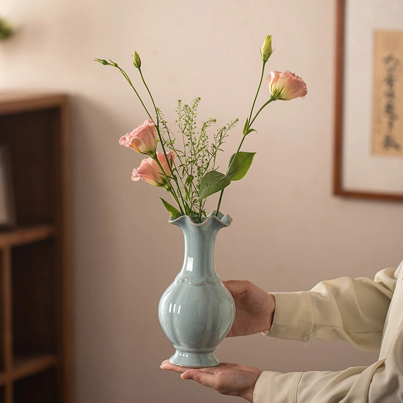 汝窑天青釉花瓣口瓜棱花瓶新中式禅意茶空间高级感插花器宋式美学