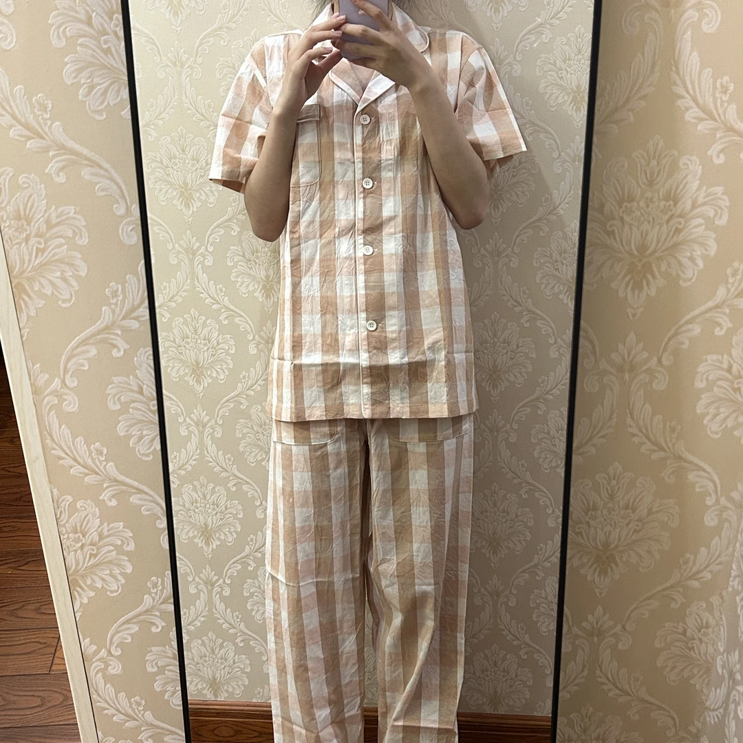 【断码福利】短袖长裤-新款全棉水洗棉格子家居服