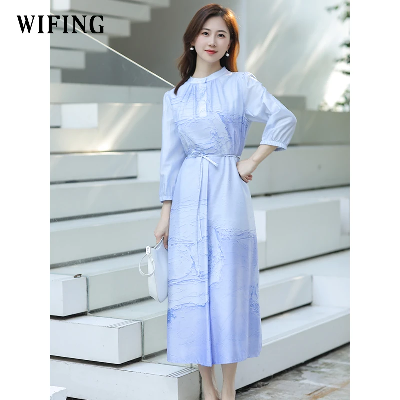 气质高级感长裙2025年秋季新款女装蓝色裙子衬衫连衣裙