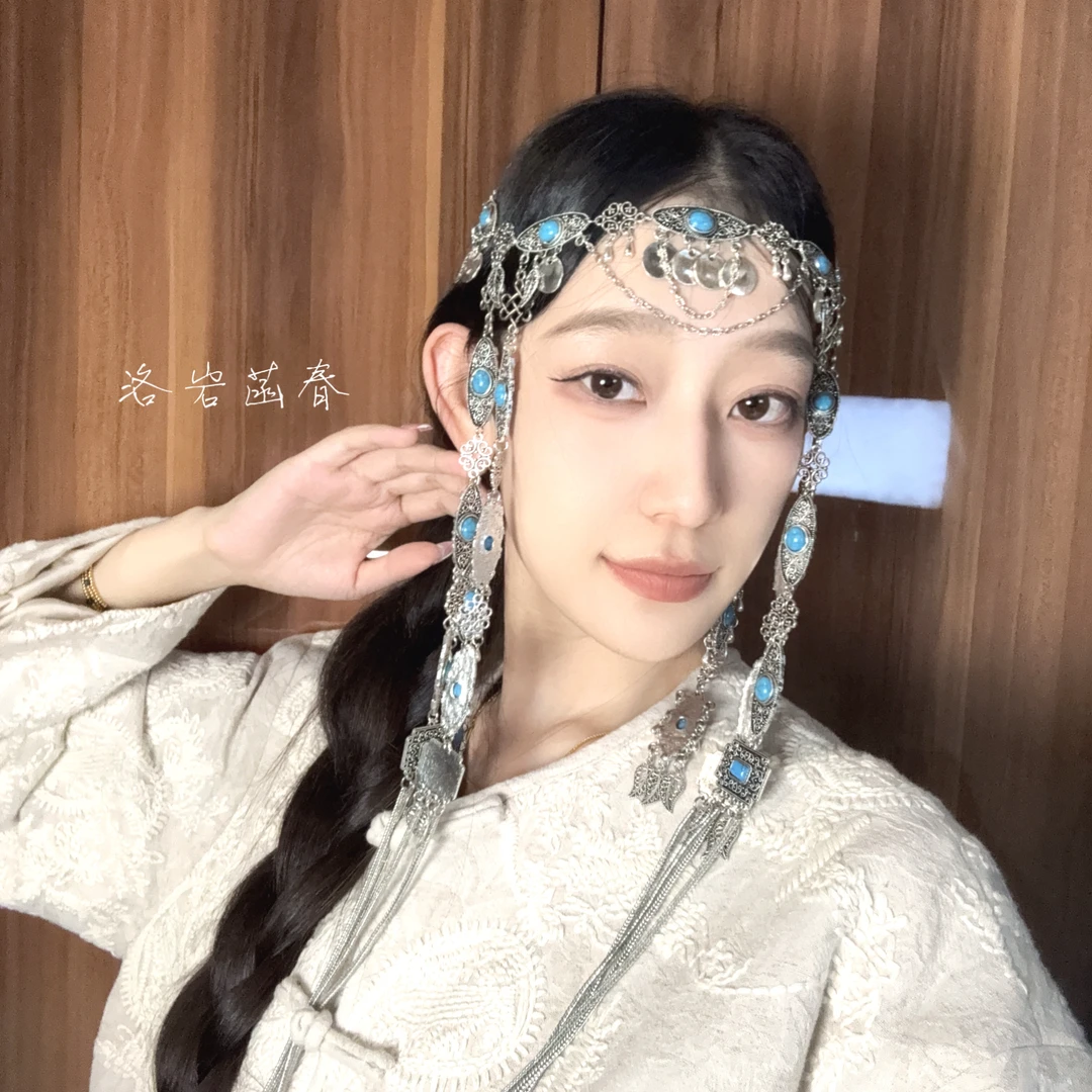 合金耳饰 洛岩菡春新款民族蓝眼睛重工头饰耳饰一套