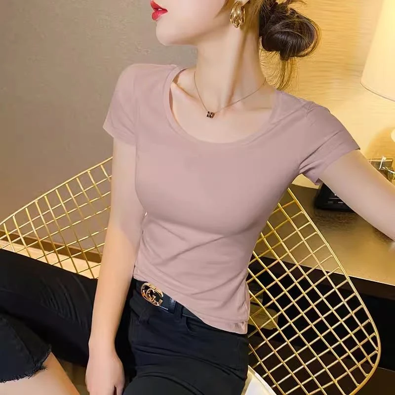 莫代尔冰丝短袖t恤女夏季2025新款圆领正肩修身打底纯欲洋气上衣T