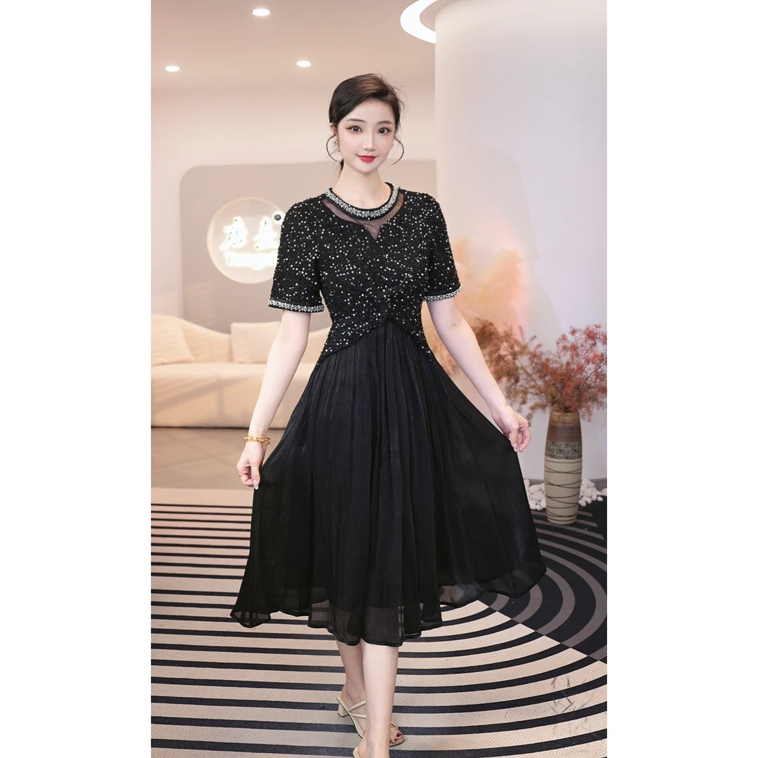 唐熹2025夏季新款【H-X573】精致轻奢设计感小众亮片收腰短袖连衣裙