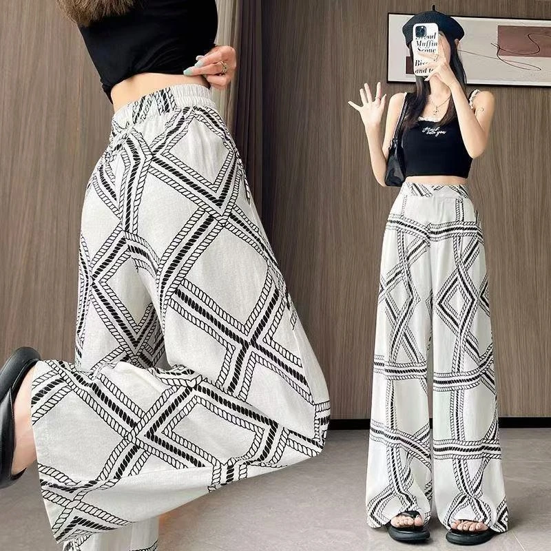 新款时尚几何不规则2025夏季洋气高腰显瘦撞色格子休闲阔腿裤女