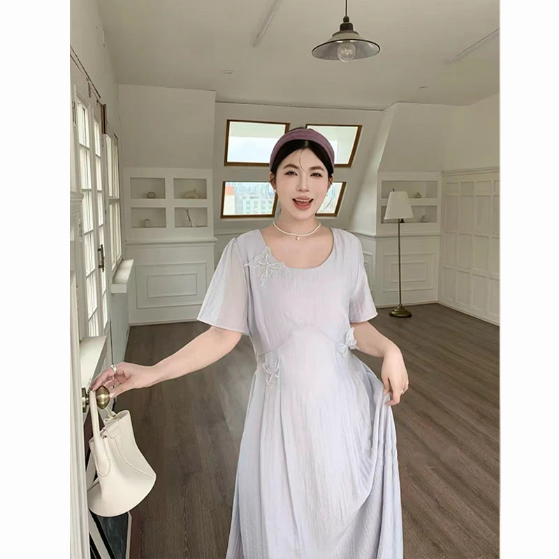 阿球【烟紫蝶】夏季立体蝴蝶点缀大码连衣裙长裙显瘦遮肉版型气质款