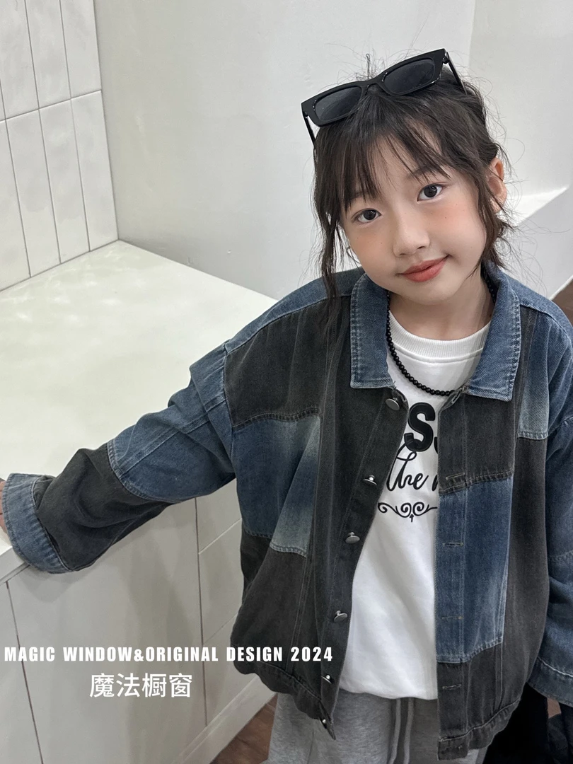 62096拼接牛仔夹克儿童童装休闲中大童撞色春秋时尚宽松韩版拼色