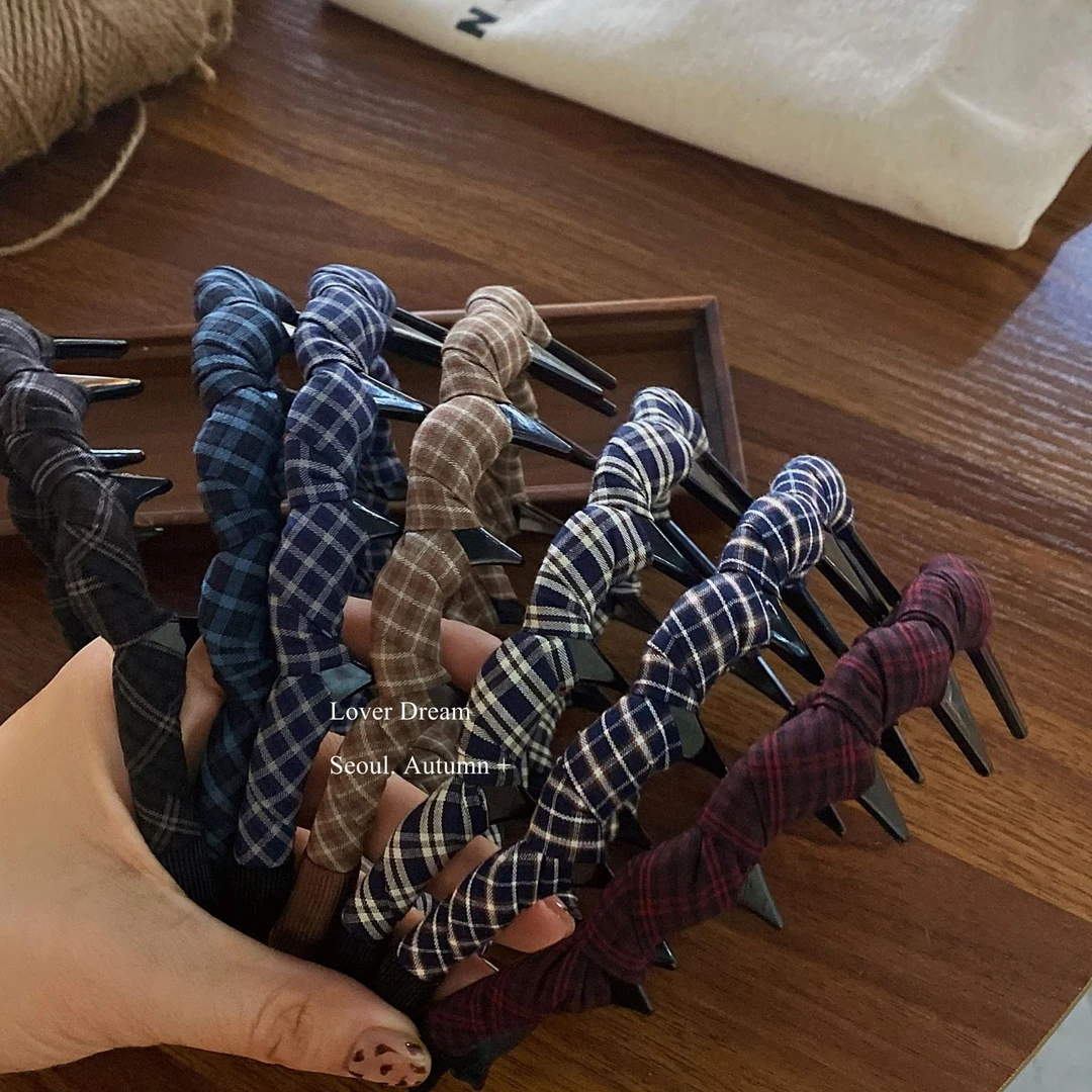 韩国秋冬新款格子布艺绕布带齿发箍 法式复古时尚头箍发扣发饰女