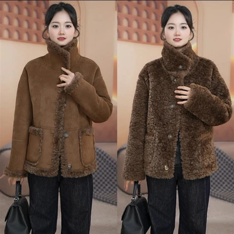 时尚百搭翻领皮毛一体加厚外套女士冬季双面双穿百搭保暖洋气上衣
