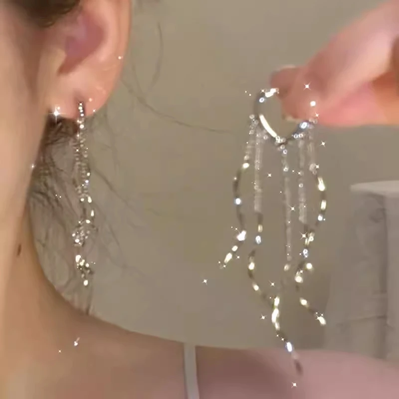 铜合金耳饰 银色线条流苏耳环女轻奢简约ins小众耳圈耳扣精致百搭