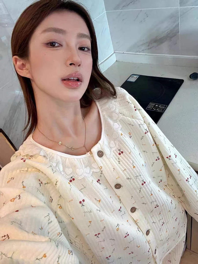 韩版甜美蕾丝花边樱桃睡衣女秋冬季空气棉保暖夹层休闲家居服套装