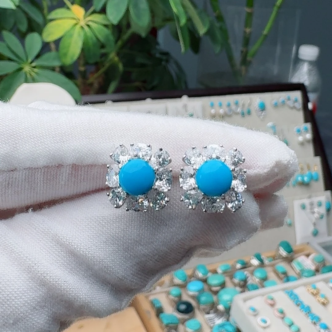 绿松石银S925镶嵌耳饰耳钉