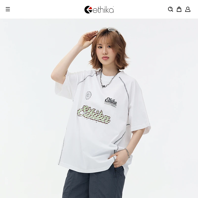 Ethika夏季新款T恤时尚圆领百搭短袖抗菌速干男女美式短袖情侣装