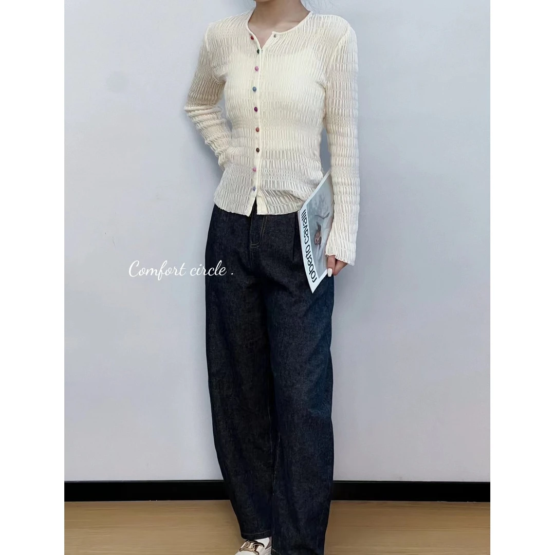 【小黑家】长 真S丝绒柔软高弹力褶皱感彩色扣针织2139